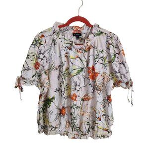 Inc International Concept 100%Linen Boho Floral Peasant Blouse Size XL